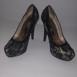 Black & Champagne Lace Crystal Heels Size 8